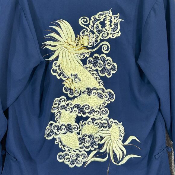 New Fashion Chinese Tang Jacket Shirt Mens Medium Blue Embroidered Silk Dragon - Picture 4 of 8